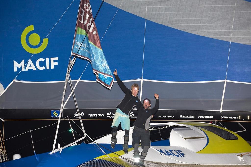 Ultime Macif, skippers Francois Gabart (FRA) and Pascal Bidegorry (FRA), winner of the Ultime category in 12d 17h 29mn 27sec, during the Transat Jacques Vabre sailing race arrivals  on november 07, 2015 in Itajai, Brazil  &copy;  Jean-Marie Liot / DPPI / TJV http://www.transat-jacques-vabre.com/